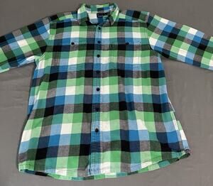 KAVU Mens XL Plaid Flannel Shirt Green Blue Teal Heavyweight Long Sleeve Button